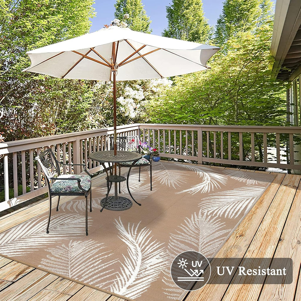 Pauwer Waterproof Outdoor Rug 5x8, Reversible Plastic Straw Patio Camping Rug, Indoor Outdoor RV Mat Carpet for Deck, Camper, Porch, Balcony, Backyard, Picnic, Leaf Brown