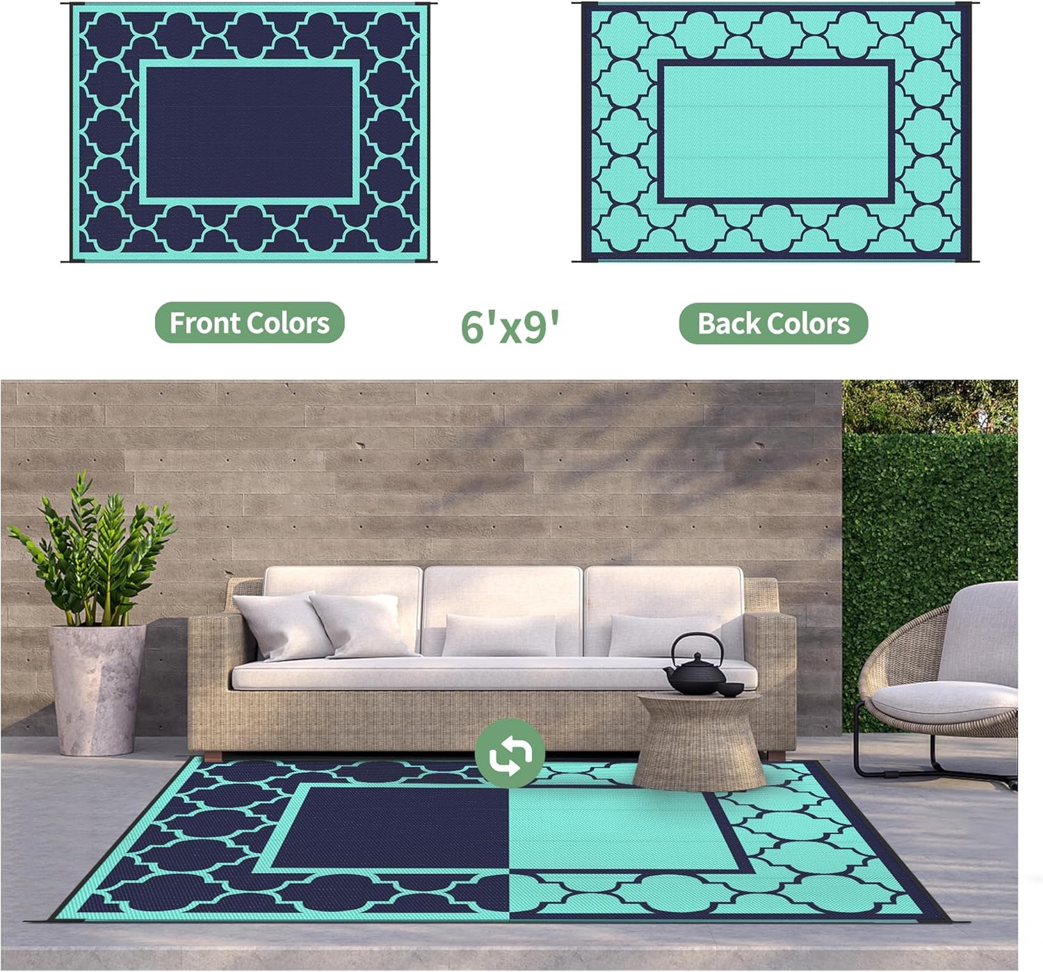 GENIMO 6' x 9' Outdoor Rug Waterproof for Patio Decor, Foldable Reversible Plastic Straw Area Rugs Mat for Camper, Outside Carpet for Rv, Deck, Porch, Picnic, Beach, Balcony, Navy Blue & Jade Green
