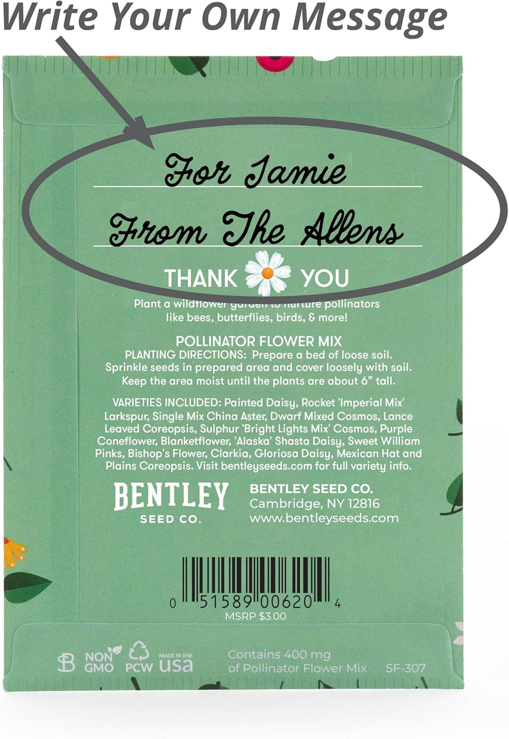 Bentley Seed Co. Thank You Packet - Pollinator Flower Mix - 25 Seed Packets - Perfect Eco-Friendly Thank You Gift - Non GMO Seeds, Green