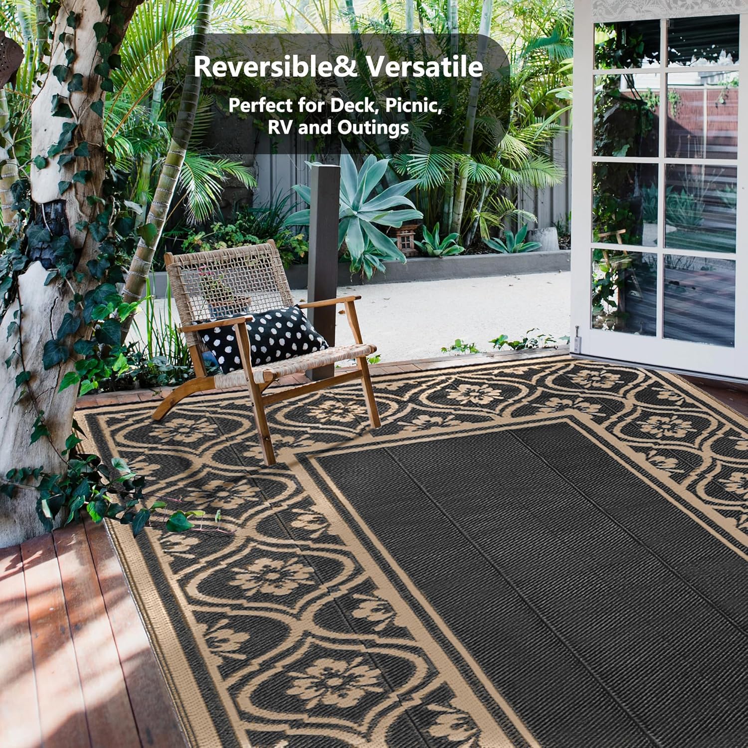 Outdoor Rug 9x12 Patio Waterproof Mat Camping Carpet Outside Area Rug Reversible Brown Rugs for RV Deck Entryance Porch Picnic Balcony Beach