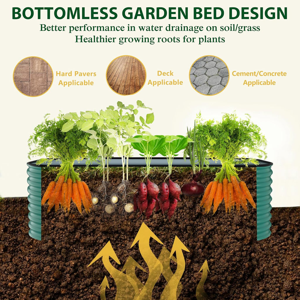 MUPATER 9-in-1 Galvanized Steel Planter Box, 24''H Modular Garden Bed Outdoor with 2 Aluminum Support Rods, 6x3x2FT Raised Garden Bed Kit Oval for Herbs, Vegetables and Flowers, Garden, Green