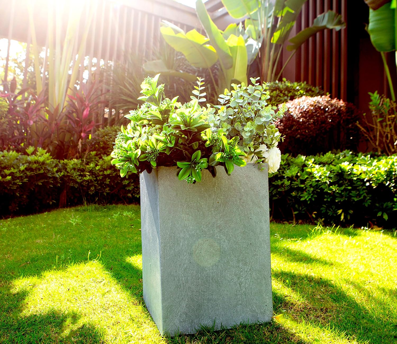 Kante 12.6" H Tall Rectangular Concrete Planters, Outdoor Indoor Lightweight Plant Pots with Drainage Hole and Rubber Plug, Modern Style for Home Garden Patio, Slate Gray