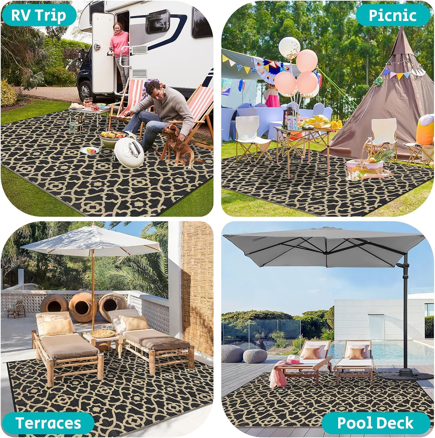 HEBE Outdoor Rug Waterproof 9x12, Reversible Plastic Straw Rug RV Camping Rug, Indoor Outdoor Patio Mat Clearance, Outside Carpet for Porch,Deck,Camper,Balcony,Backyard,Picnic