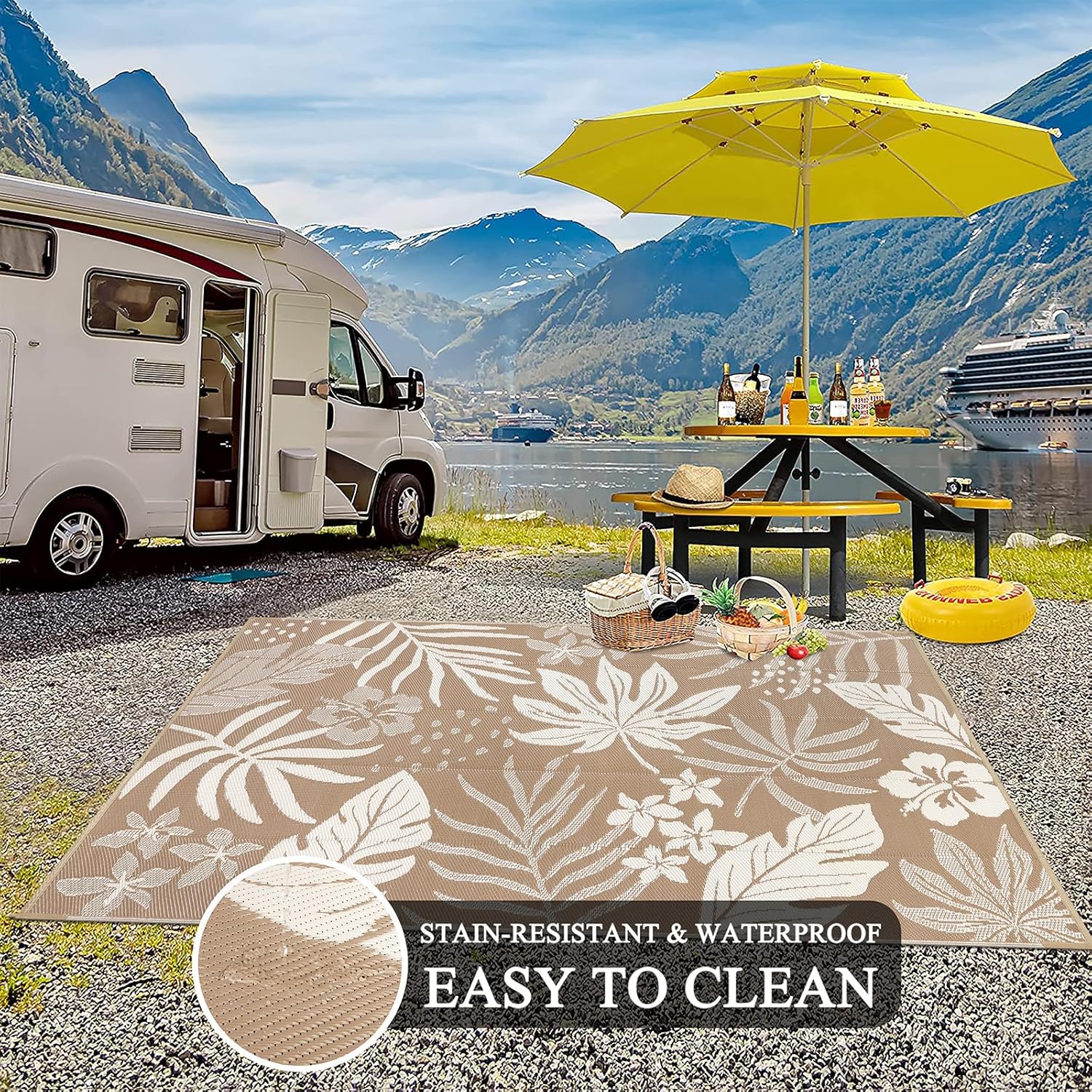 Pauwer Waterproof Outdoor Rug 6x9, Reversible Plastic Straw Patio Camping Rug, Indoor Outdoor RV Mat Carpet for Deck, Camper, Porch, Balcony, Backyard, Picnic, Floral Brown