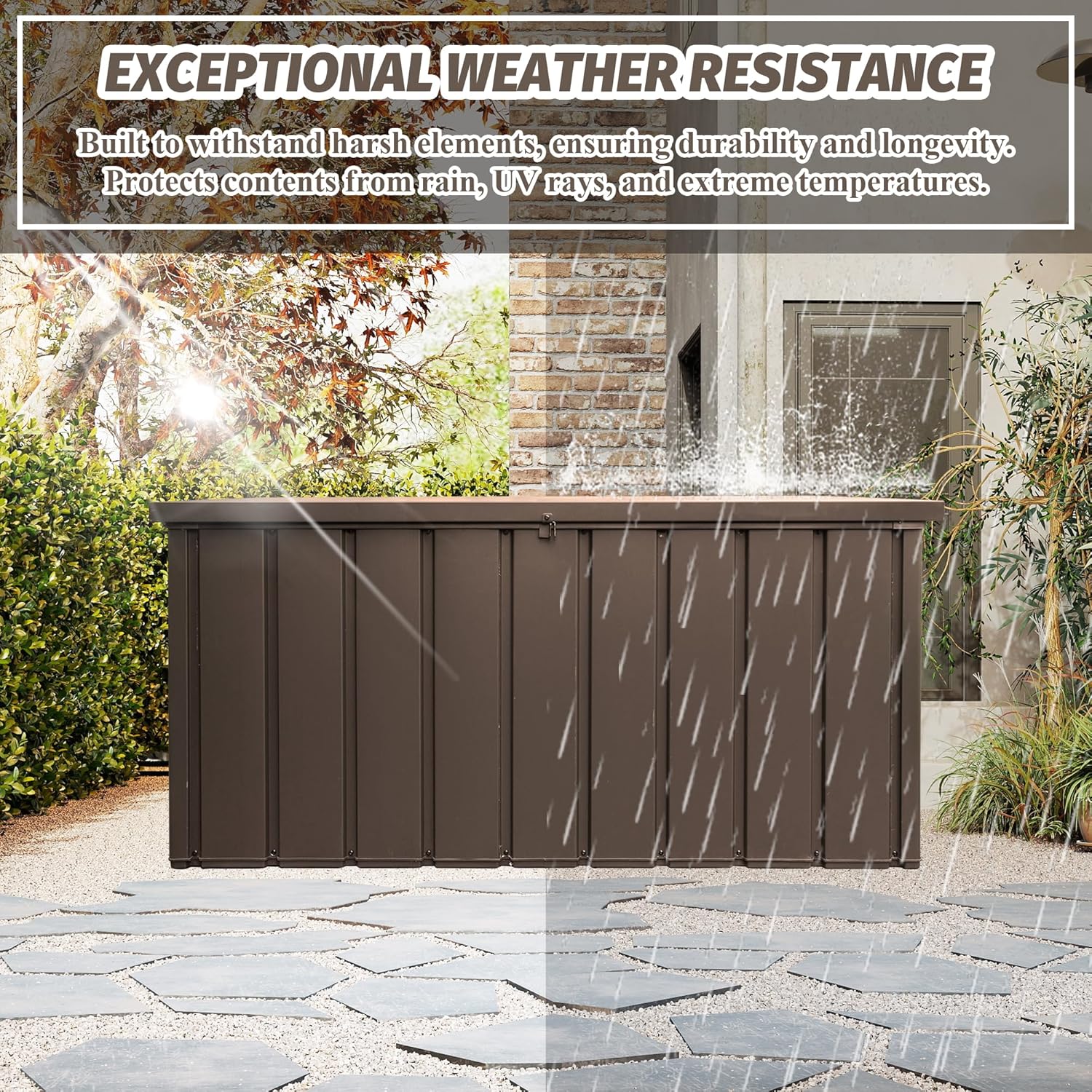 Domi Deck Box 190 Gallon, Waterproof Lockable Steel Outdoor Storage Container for Outside Cushions, Garden Tools and Pools Equipment, Brown