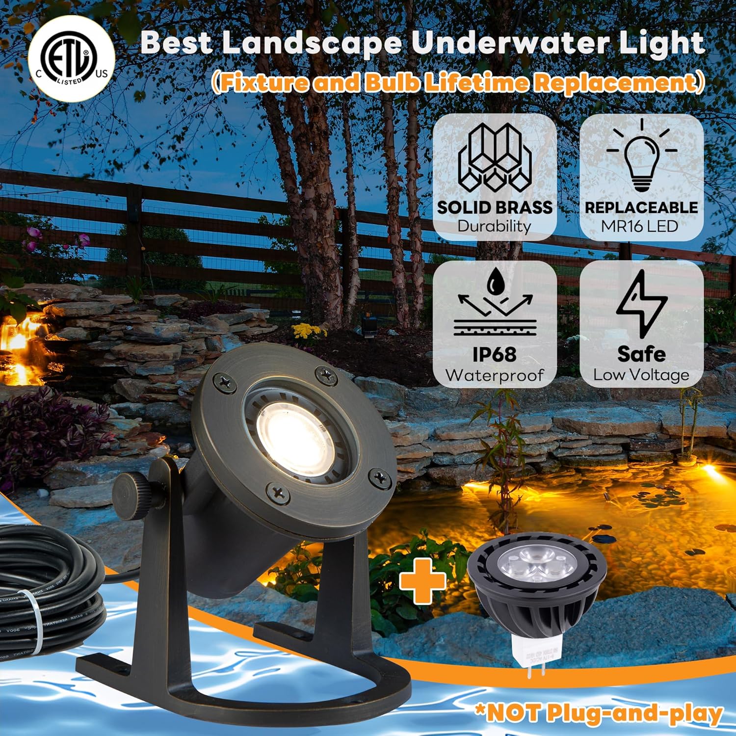 Bronze Pond Light - 12V Low Voltage Solid Brass Submersible Pondlight, IP68 Waterproof Fixture with 2700K MR16 LED Bulb for Outdoor Garden, Landscape, Waterfall, Fountain Lighting(8 Pack)