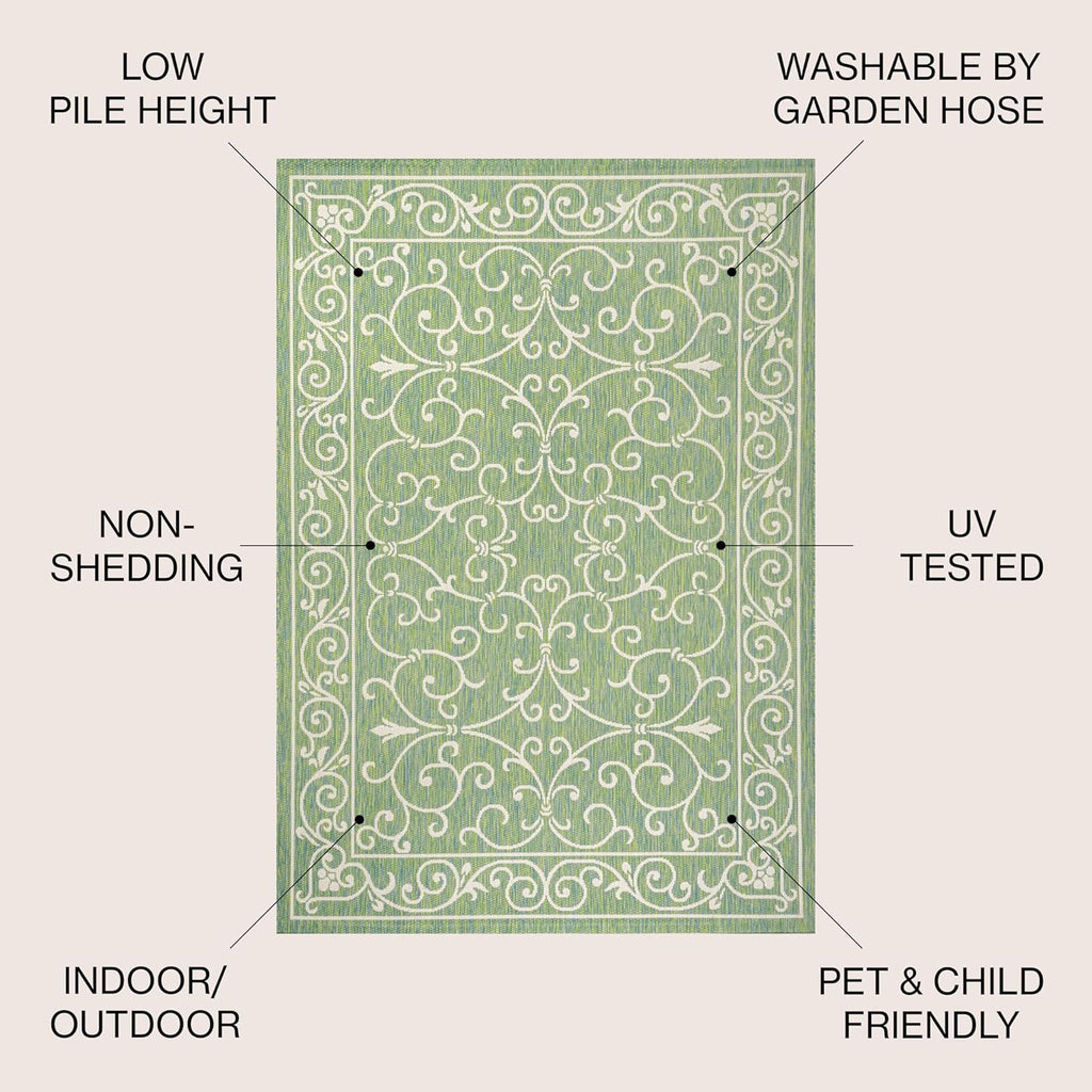 JONATHAN Y SMB106K-5 Charleston Vintage Filigree Textured Weave Indoor Outdoor Area Rug, Classic Traditional Easy-Cleaning,Bedroom,Kitchen,Backyard,Patio,Non Shedding, 5 X 8, Green/Ivory