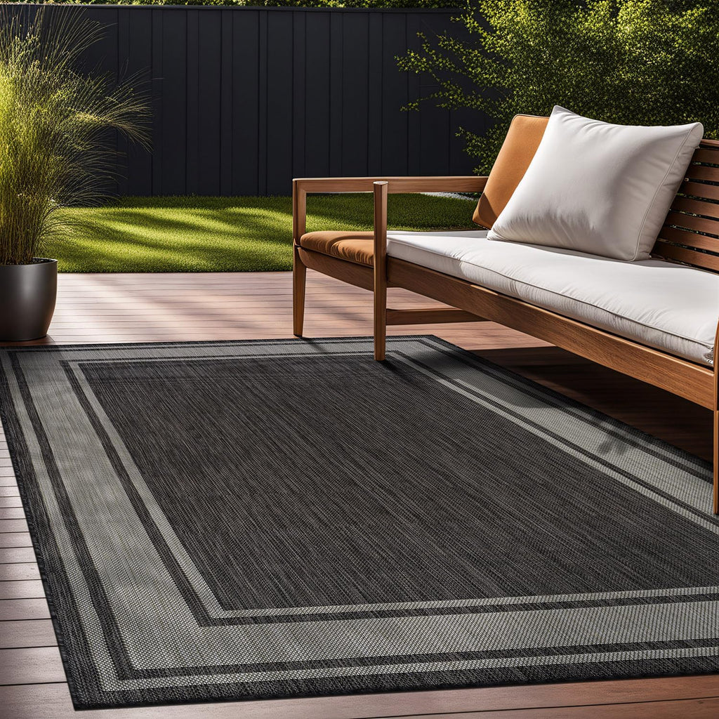 Beverly Rug Outdoor Rug 6x9 Modern Bordered Area Rugs for Indoor and Outdoor Patio Deck Porch Garden Waterproof Weather Sun Resistant Washable Outside Carpet (6 x 9 Dark Gray)