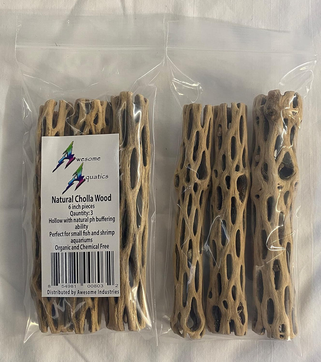 Awesome Aquatic Natural Cholla/Choya Wood 3 Pieces 6” for Shrimp Habitat and Food Treat Hermit Crabs Plecos Aquarium Decoration Lowers pH Hideouts and Chew Toys Reptiles Thorn Free Dried Organic