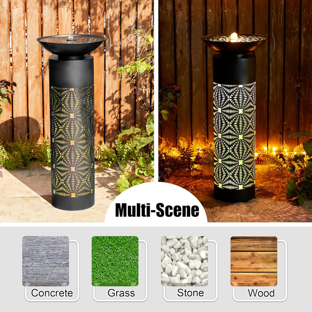 Glitzhome Modern Black Metal Cutout Water Fountain - 36'' Outdoor Bird Bath Fountain with LED Light & Pump - Freestanding Waterfalls Garden Fountains for Patio Backyard Porch Patio Decor