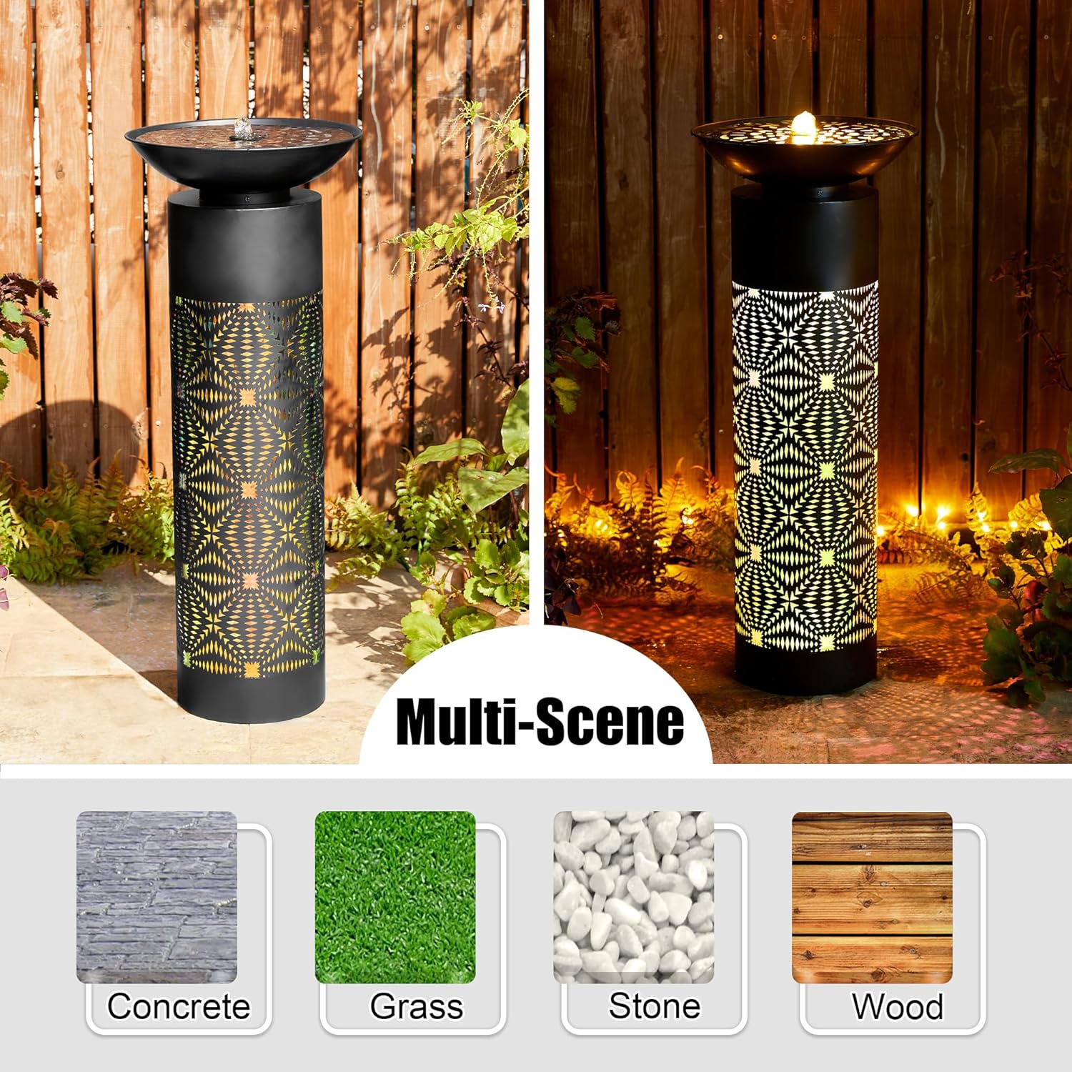 Glitzhome Modern Black Metal Cutout Water Fountain - 36'' Outdoor Bird Bath Fountain with LED Light & Pump - Freestanding Waterfalls Garden Fountains for Patio Backyard Porch Patio Decor