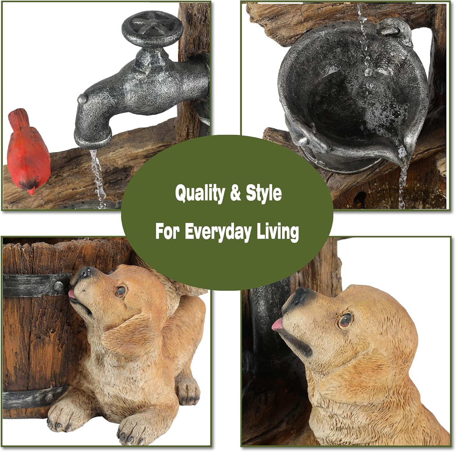 LuxenHome Water Fountain Outdoor, 30" Rustic Outdoor Water Fountain with LED Lights, Rustic Barrel Puppy and Pump Water Feature Outdoor, Garden Fountains Outdoor Patio, Porch, or Indoor Entryway