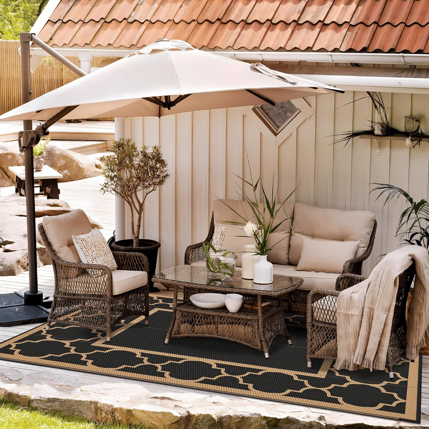 GENIMO Outdoor Rug 8' x 10' Patio Waterproof, Foldable Reversible Plastic Straw Area Rugs Mat for Camper Decor, Outside Carpet for Rv, Deck, Porch, Picnic, Beach, Balcony, Black & Brown