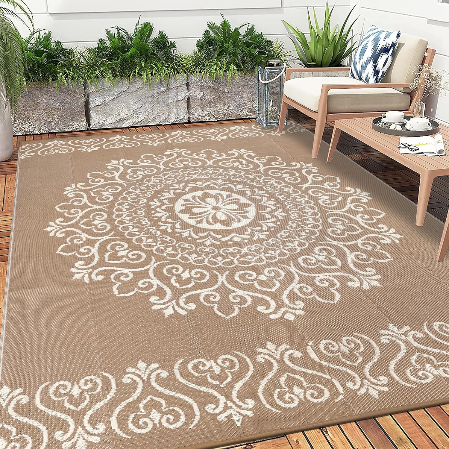 Pauwer Waterproof Outdoor Rug 6x9, Reversible Plastic Straw Patio Camping Rug, Indoor Outdoor RV Mat Carpet for Deck, Camper, Porch, Balcony, Backyard, Picnic, Floral Brown