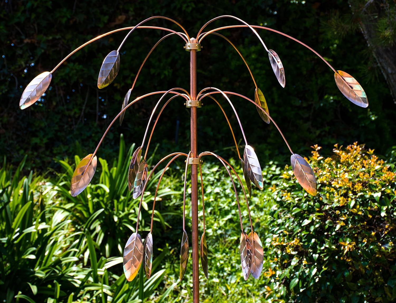 Stanwood Wind Sculpture: Kinetic Copper Triple Spinner - Falling Foliage