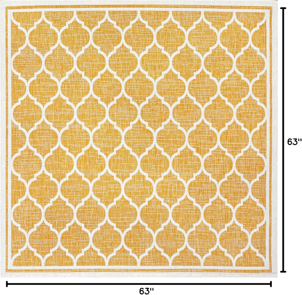 Eyely BMS109F-5SQ Santa Monica Trebol Moroccan Trellis Textured Weave Indoor/Outdoor Area Rug Coastal;Bohemian, Bedroom, Backyard, Patio, Easy-Cleaning, Non-Shedding, 5' Square, Yellow/Cream