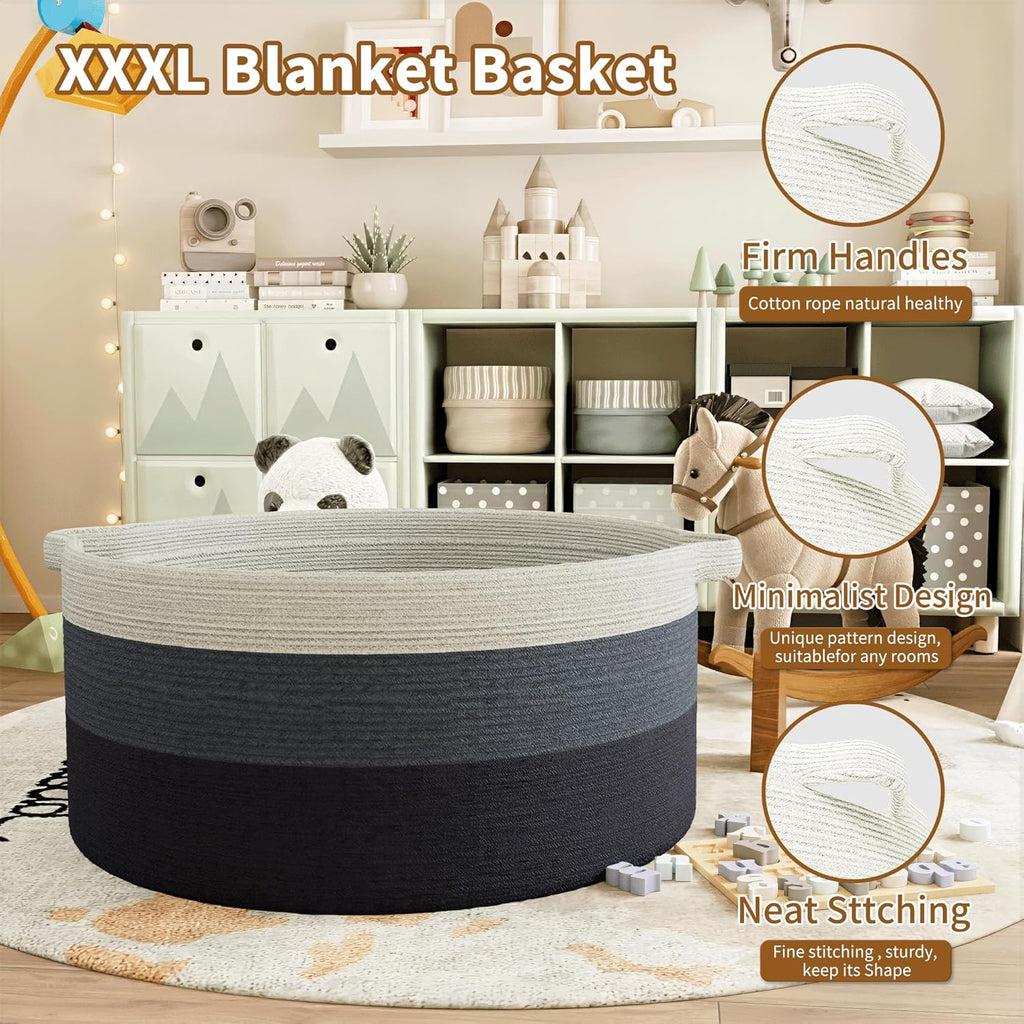 125L Extra Large Blanket Basket, 25" x 16", Jumbo Laundry Woven Baskets Decorative Home, Cotton Rope Basket with Handles, Baby Toy Baskets for Storage, Gradual Blue, 2PC