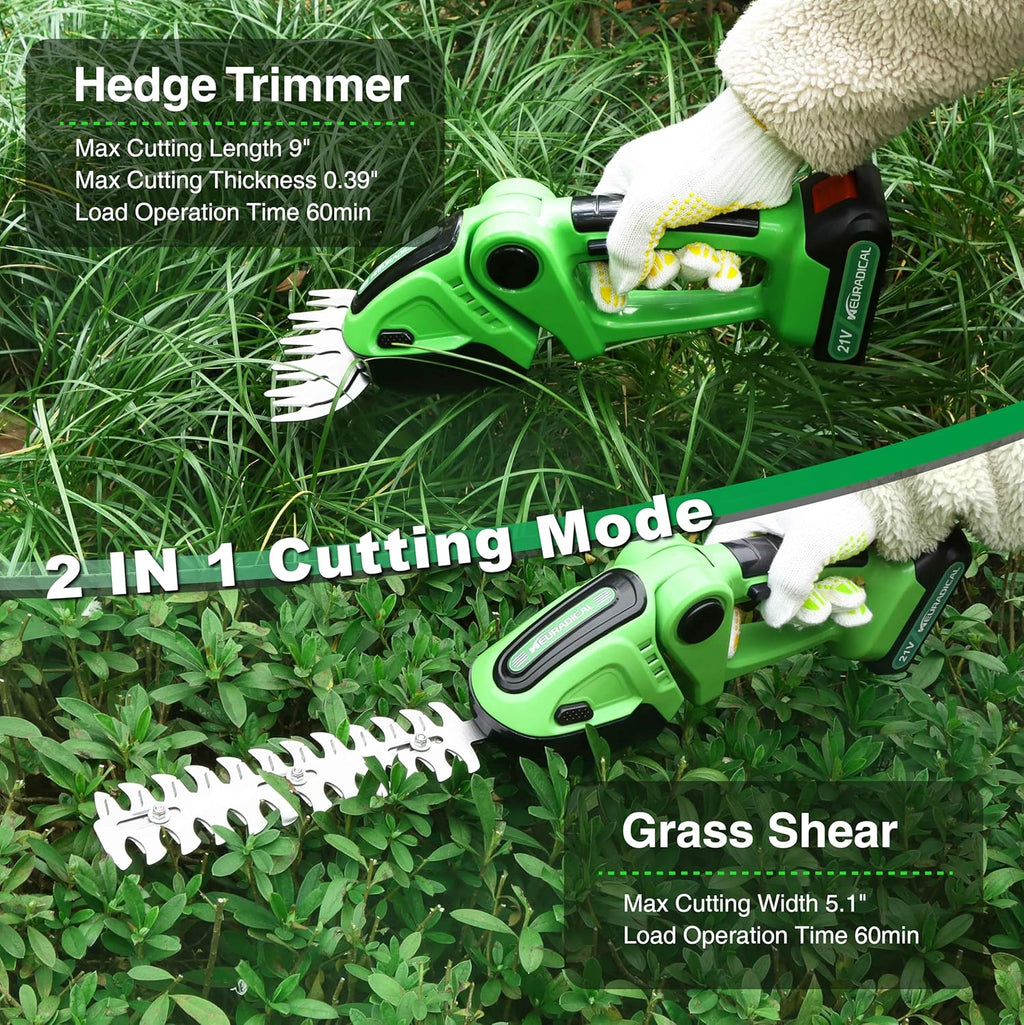 21V Electric Cordless Hedge Trimmers & Grass Trimmer-2 in 1 Handheld Bush Trimmer Cordless Grass Shears Grass Cutter, Shrubbery Trimmer Hedge Shear with Battery and Charger Included