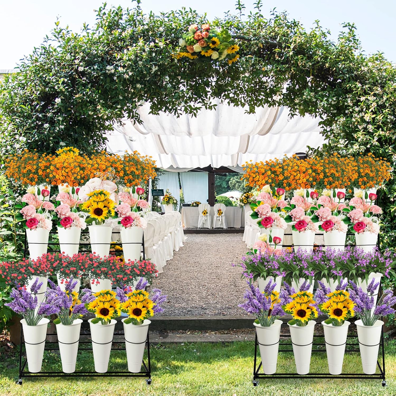 Flower Display Stand with Buckets, 3 layers Metal Plant Stand with Wheels, Moving Florist Bouquet Shelf for Fresh Shop, for Patio Garden, Outdoor Flower Pop-Up Events (Black Frame - White Bucket)