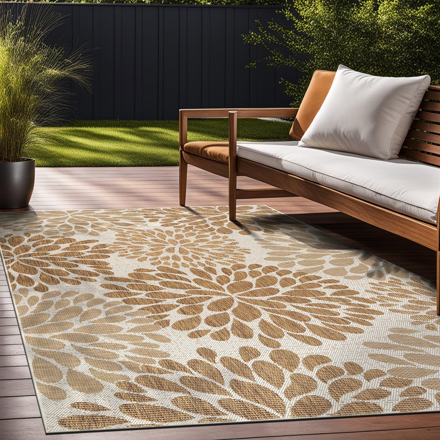 Beverly Rug Outdoor Rug 9x12 Modern Exotic Tropical Leaf Area Rugs for Indoor and Outdoor Patio Deck Porch Garden Water Resistant Washable Outside Carpet (9 x 12 Beige)