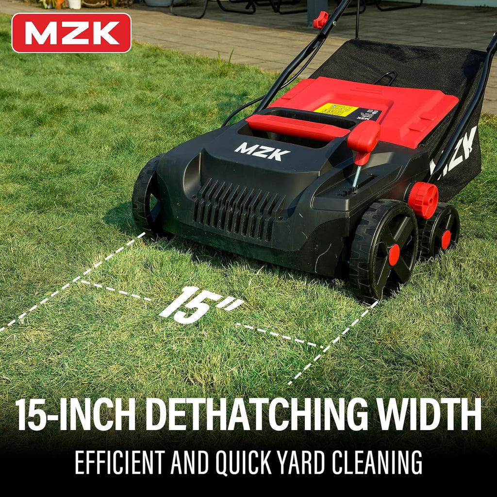 MZK 15-inch 2-in-1 Electric Dethatcher and Scarifier w/Removeable 5-Position Height Adjustment,Lawn dethatcher w/12-Gallon Thatch Collection Bag,Keep Lawn Health,DS15A03