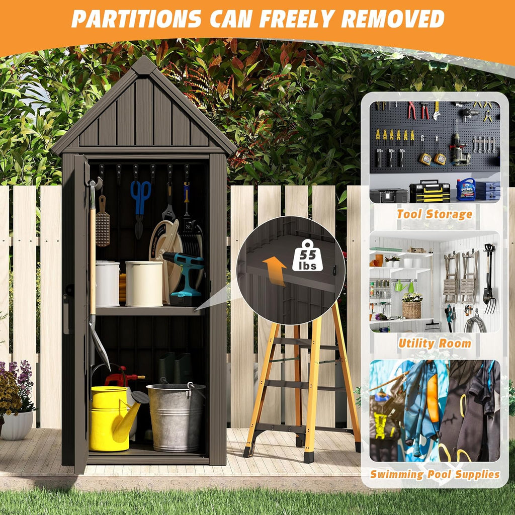 Shed Outdoor Storage Shed with Sloping Roof and Lockable Door, Resin Outdoor Storage Box Cabinet Waterproof and Multiple Hooks for Backyard, Patio, Poolside, Grey
