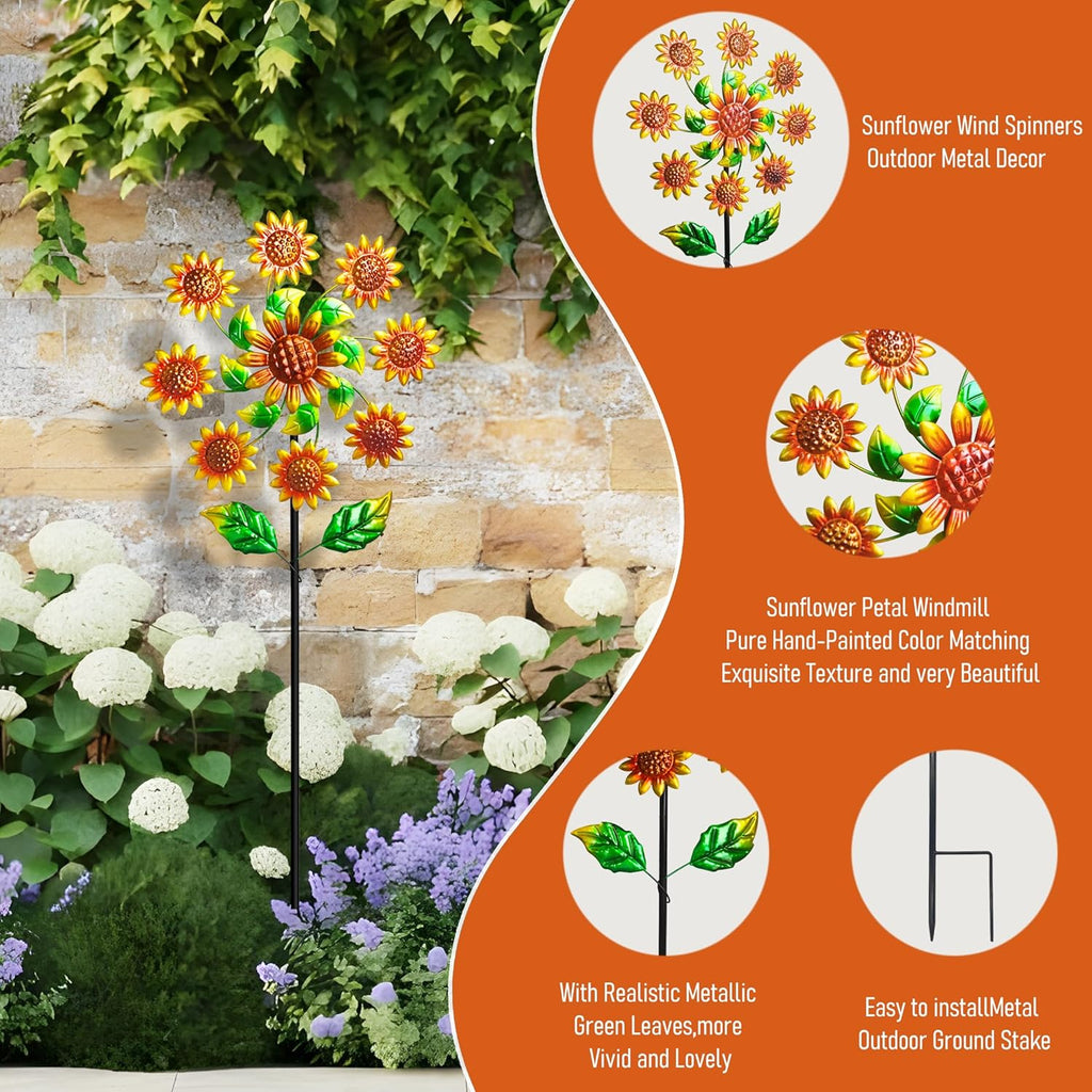 Outdoor Wind Spinner, 37" Metal Sunflower Wind Spinner with Stake, 360° Rotating Windmill Yard Art, Sunflower Outdoor Decor for Home Lawn Backyard Patio Decor, Gifts for Garden Lovers