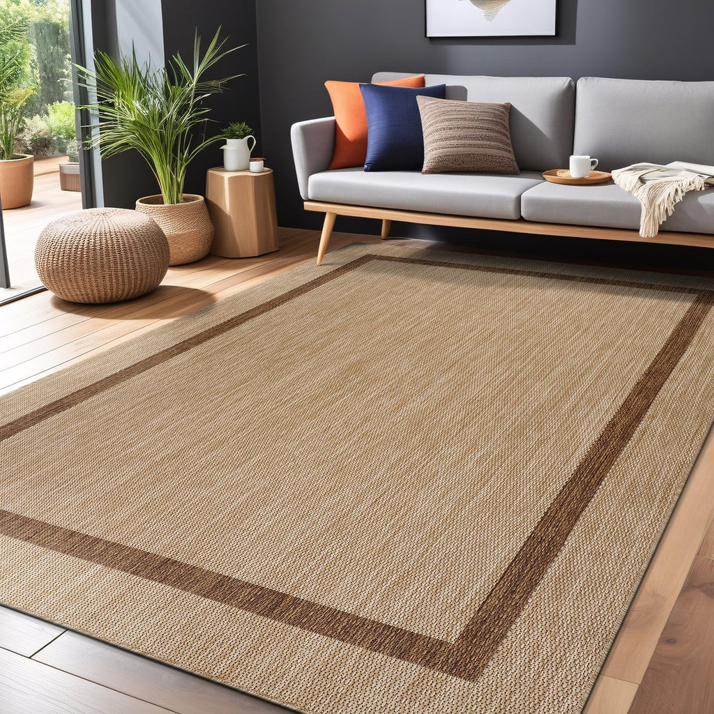 Bordered Outdoor Rug 6x9 Washable Outside Carpet for Indoor Patio Porch Waterproof Easy Cleaning Non Shedding Area Rugs Jute Beige - Nut Brown 6 x 9