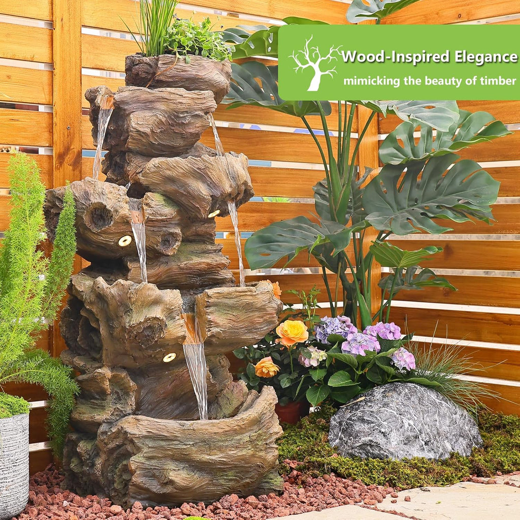 40.5" H Outdoor Garden Water Fountain 5 Tiers Large Cascading Rock Natural Waterfall Outdoor Fountain Resin Imitation Wood with LED Lights for Garden, Patio, Porch