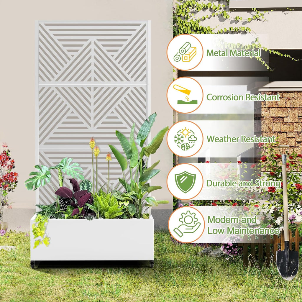 Raised Garden Bed with Trellis and Wheels,73"x35"x16" Metal Raised Garden Bed,White Diamond Metal Planter with Climbing Trellis for Vines & Vegetables