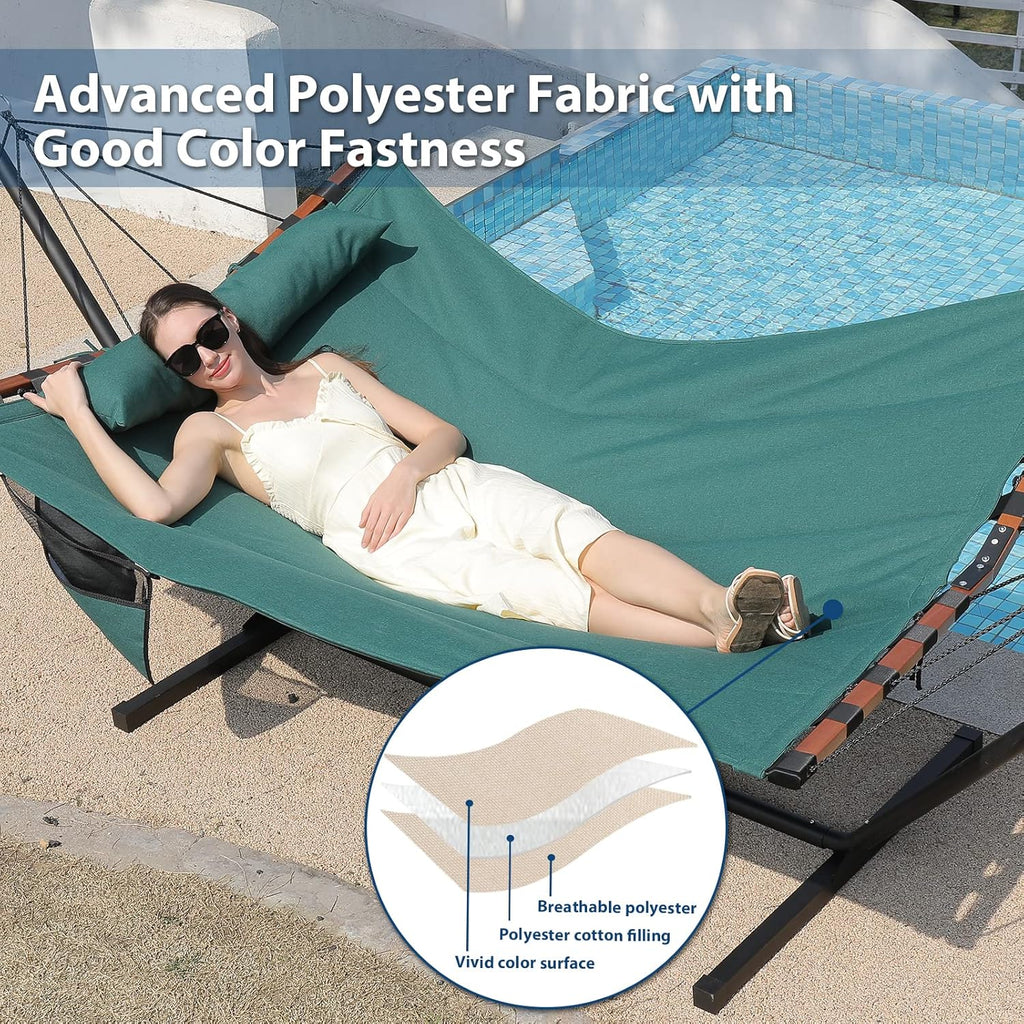 12FT 2 Person Hammock TegerDeger Large Hammock 450LB Capacity with V Shaped Hardwood Spreader Bar & Nylon Rope for Outside, Patio, Garden, Backyard, Beach, Poolside - Dark Green