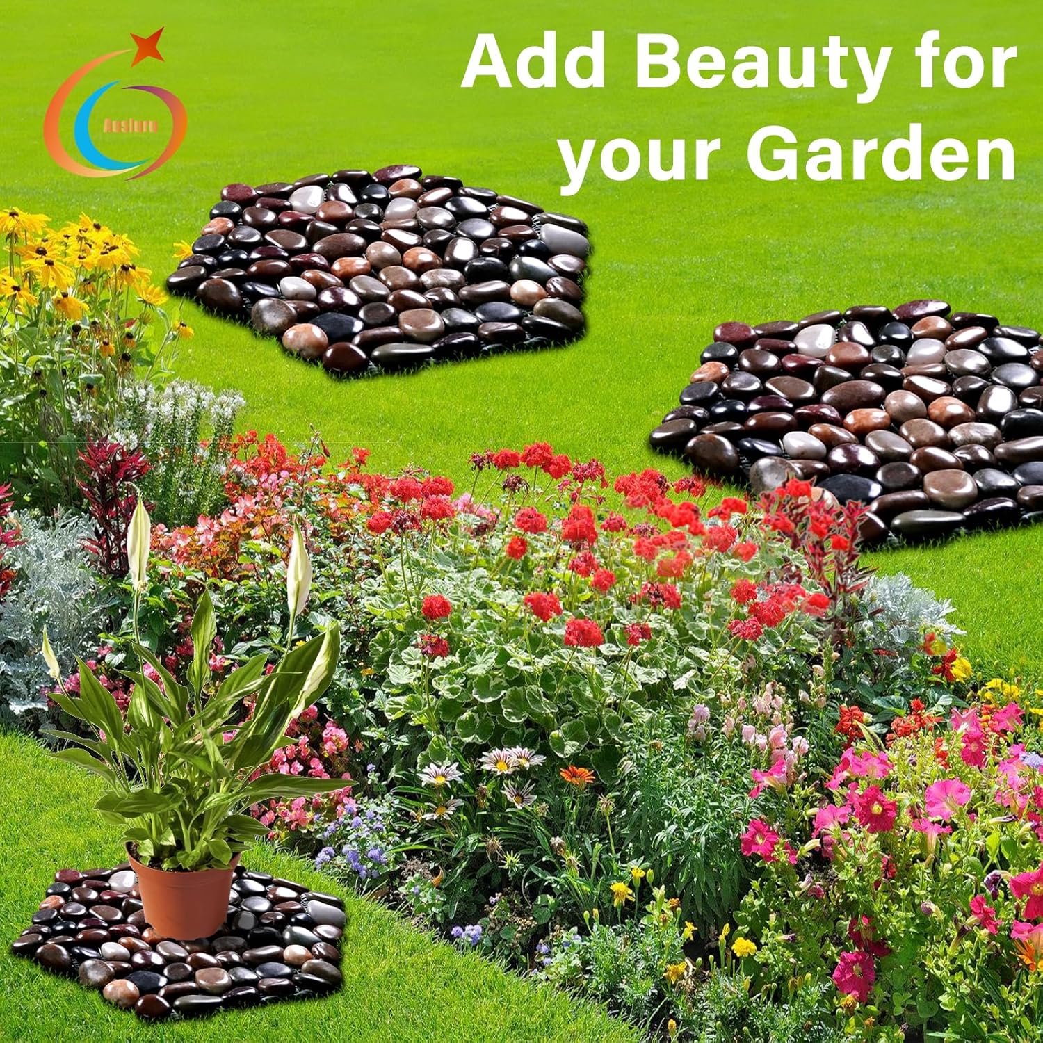 10in River Rock Stepping Stones Set - 6 Pack | Polished Pebble | Long-Lasting PVC Mesh Backing | Perfect for Garden Paths and Lawns Outdoor Landscaping Decoration | Mixed Rhombus