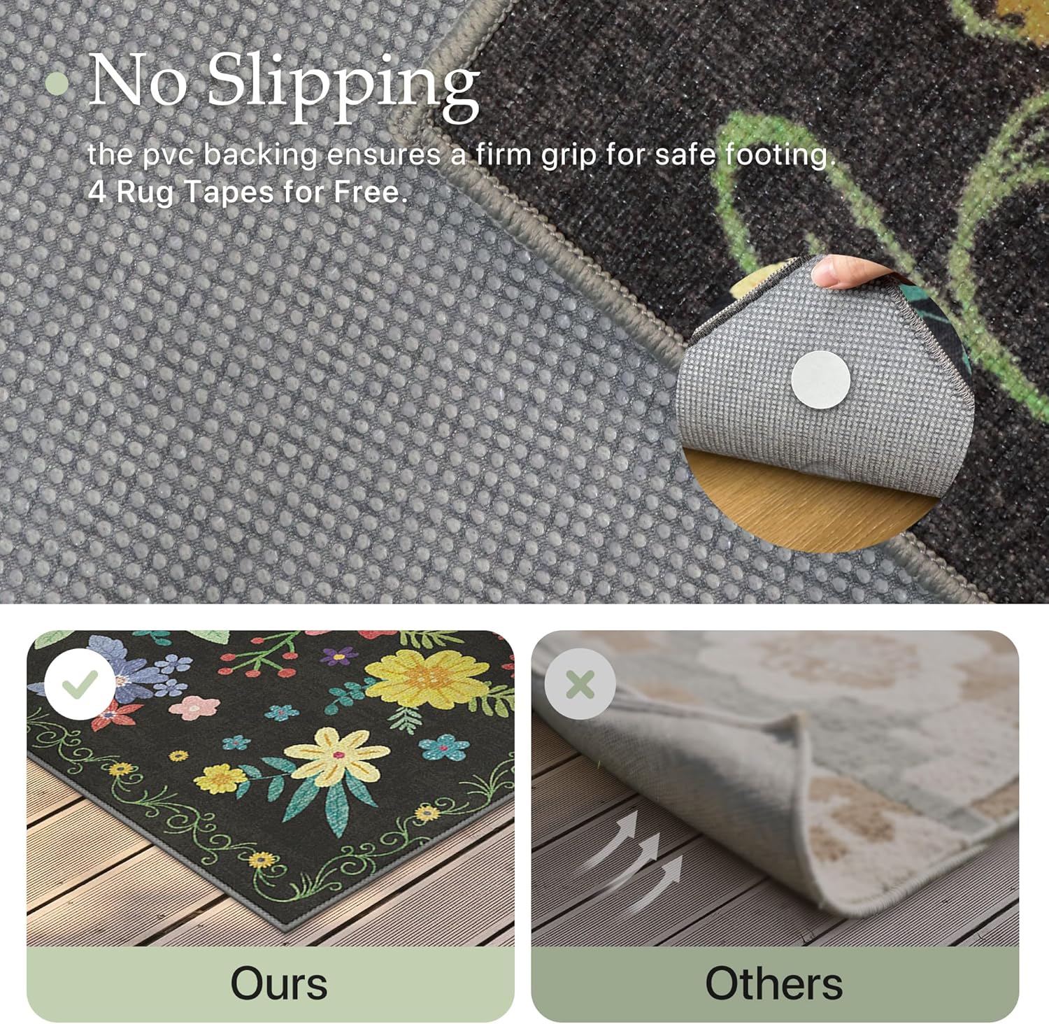 GENIMO Indoor Outdoor Area Rug 4' X 6' Waterproof, Washable Patio Rug Non Shedding, Easy Cleaning Floral Outdoor Carpet for Living Room, Bedroom, Dining Room, Balcony, Backyard, Deck, RV, Black