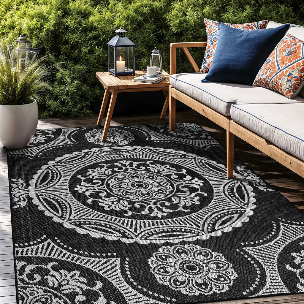 Medallion Outdoor Rug 5x7 Washable Outside Carpet for Indoor Patio Porch Waterproof Easy Cleaning Non Shedding Area Rugs Black 5 x 7