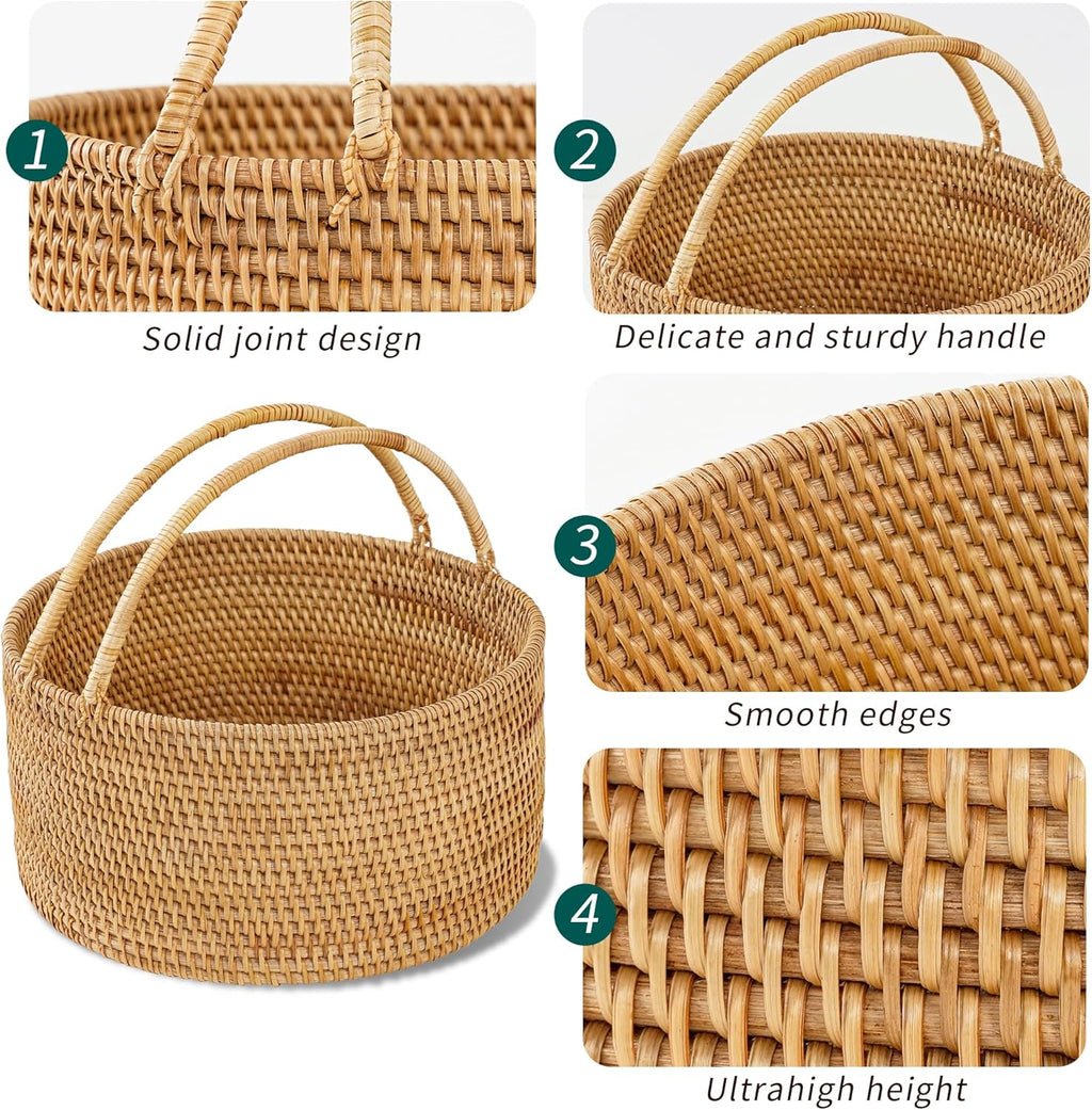 11"×11"×5" Rattan Picnic Basket with Handles, Large Round Gift Basket, Hand-Woven Basket for Fruit, Empty Gift Basket for Festival, Wedding, Camping