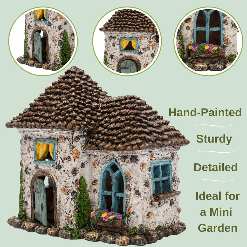 PRETMANNS Fairy House Kit - Fairy Garden Accessories for Outdoor Miniature Village Decor, with Fairies & Sign - House, 6.5' High & Door can Open Wide - 4 Piece Supplies