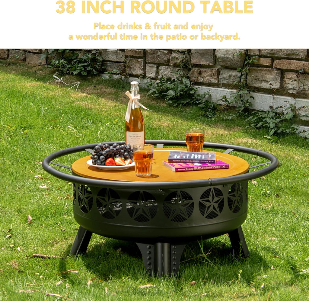 38” Wood Burning Fire Pits for Outside,3-in-1 Fire Pit with Grill, Spark Screen & Fire Poker,Outdoor Firepit Table with Swivel Cooking Grate for Yard BBQ Bonfire Patio Camping (38 inch)