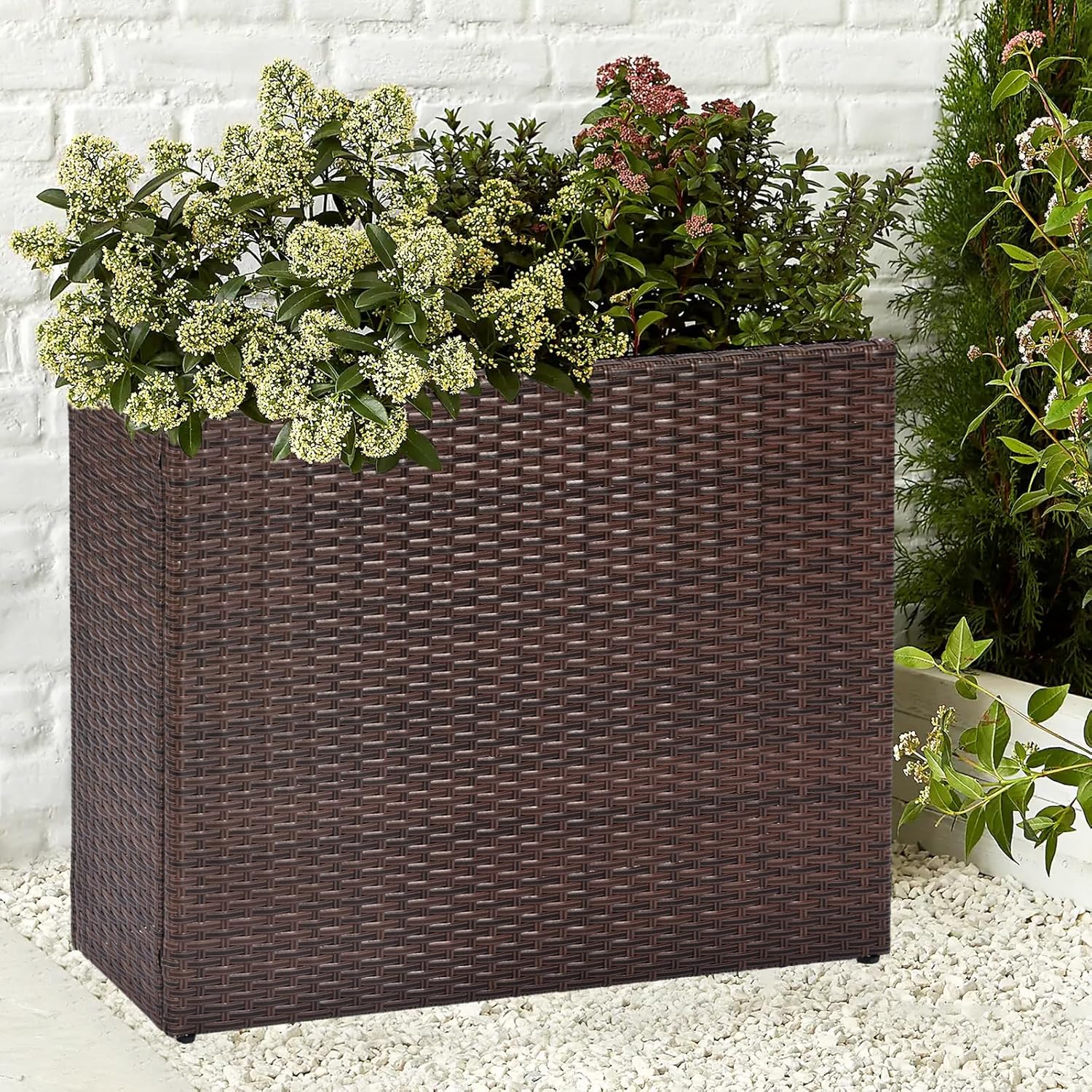 SUNNYPARK Tall Rectangular Planter with Removable Liner, All-Weather PE Rattan Large Modern Planters Indoor Outdoor Flower Plant Pots Garden Box Patio Yard Front Porch Deck