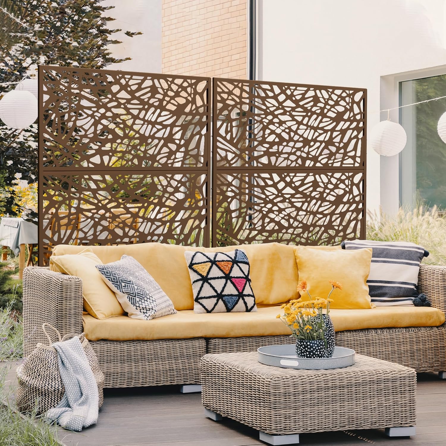 Metal Privacy Screen Outdoor 72" H×47" W,Freestanding Decorative Privacy Screen for Balcony Yard&Garden,Privacy Fence-Brown&Net