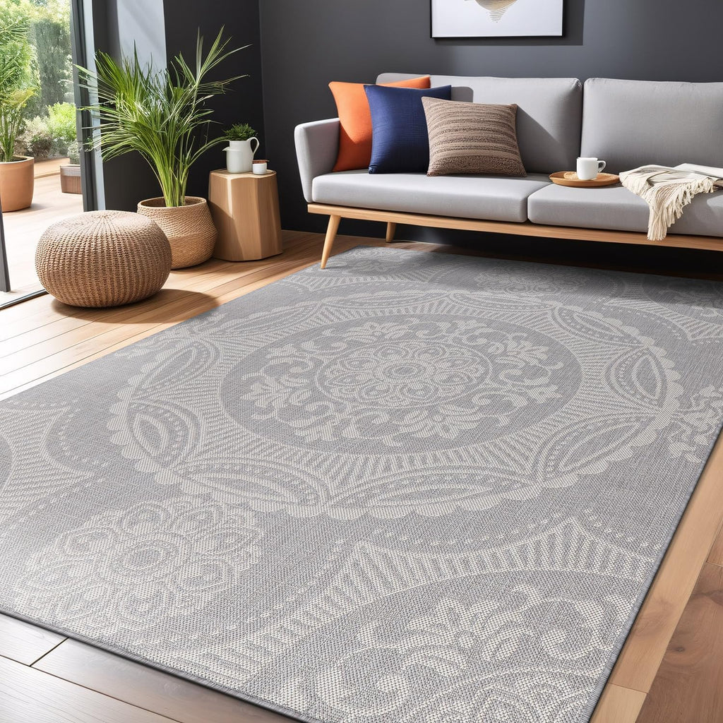 Medallion Outdoor Rug 6x9 Washable Outside Carpet for Indoor Patio Porch Waterproof Easy Cleaning Non Shedding Area Rugs Gray 6 x 9