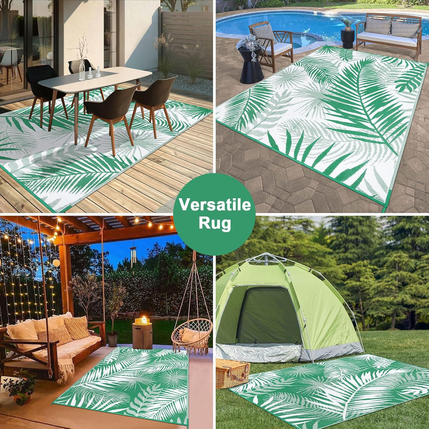 Outdoor Rug 8'x10' Waterproof for Patios Clearance, Reversible Outdoor Plastic Straw Rug Camping Carpet, Outside Floor Mats Large Area Rugs for RV,Patio,Deck,Porch, Beach,Balcony,Green&White
