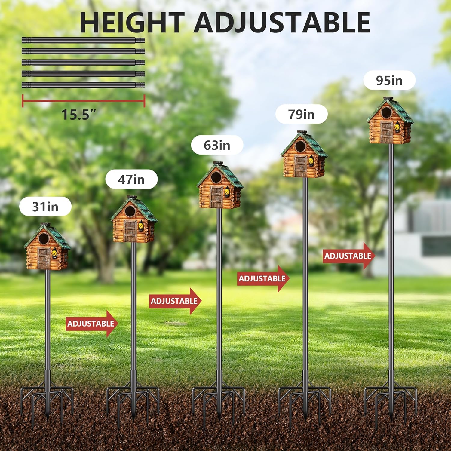 Bird Feeder Pole Stand,95 Inch Bird House Pole for Outdoors Heavy Duty,5 Base Prongs Adjustable Birds Feeder Stand for House