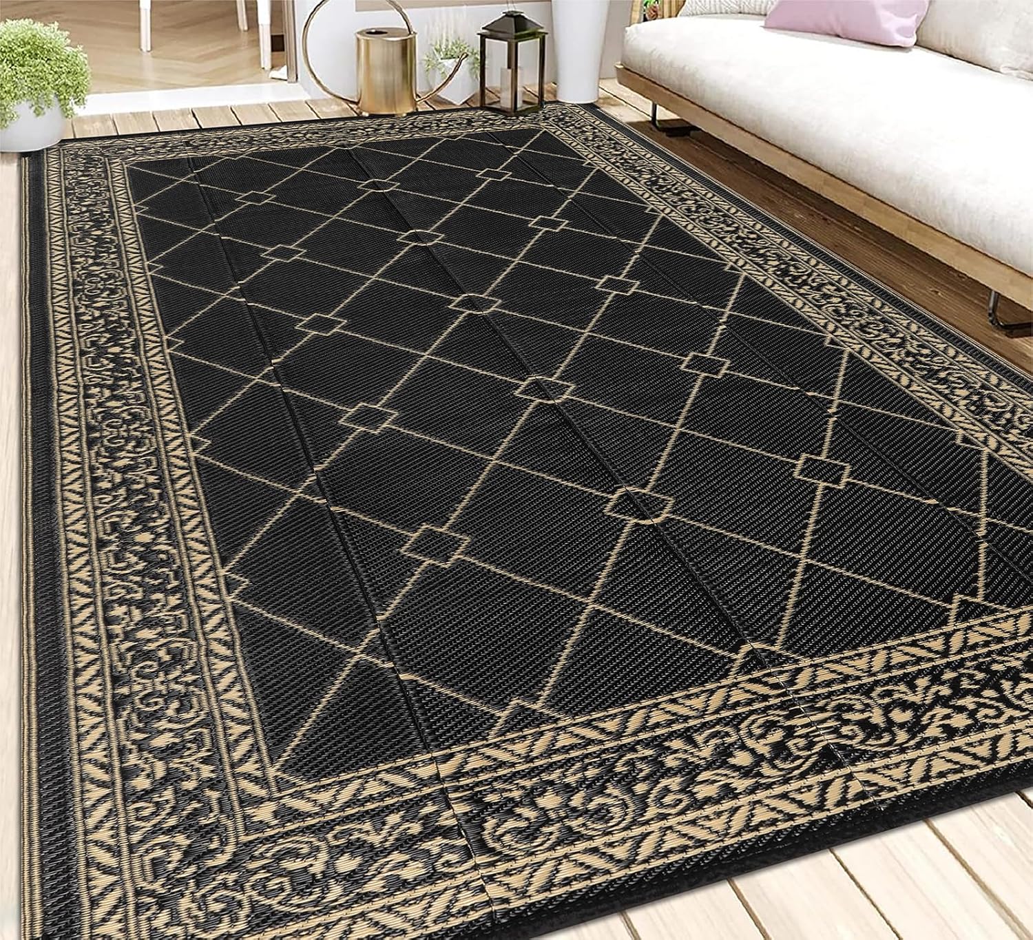 HEBE Outdoor Rug Waterproof 6x9, Reversible Plastic Straw Rug RV Camping Rug, Indoor Outdoor Patio Mat Clearance, Outside Carpet for Porch,Deck,Camper,Balcony,Backyard,Picnic