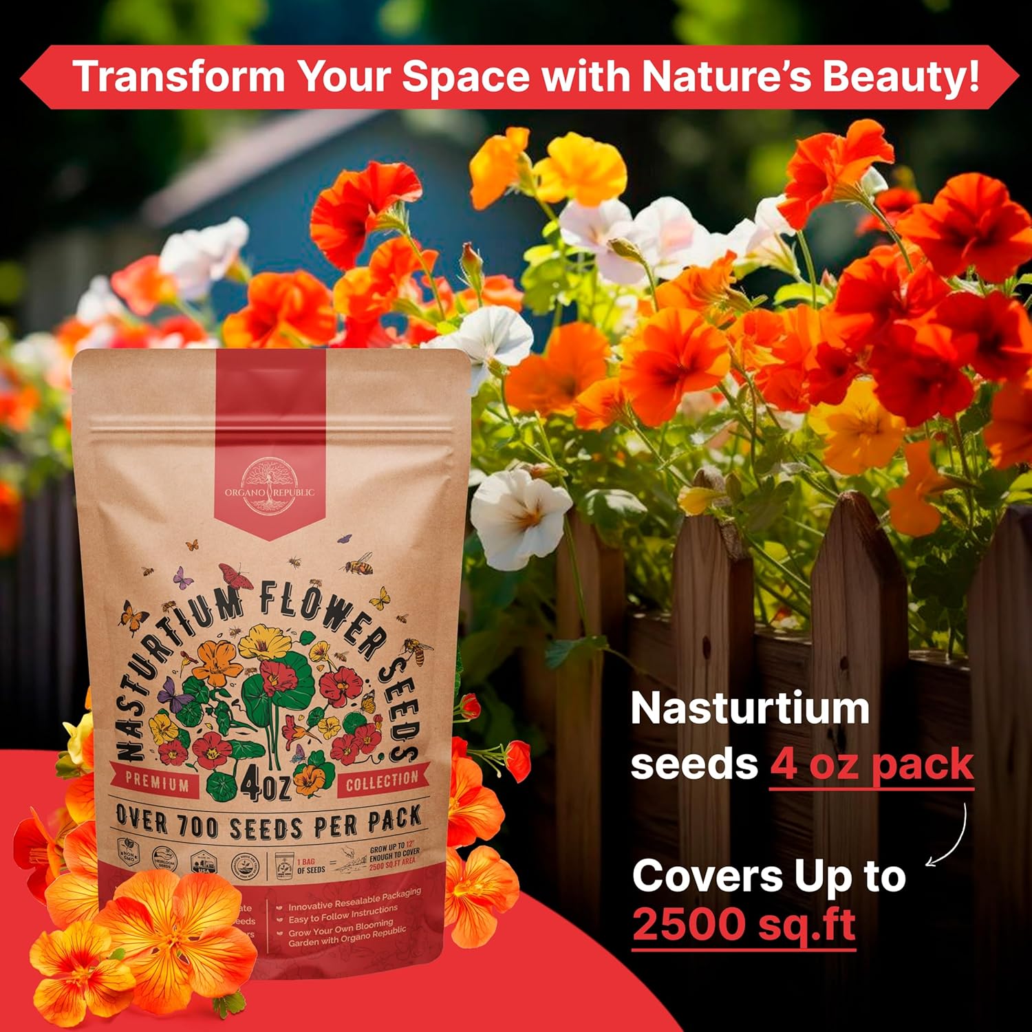 Nasturtium Seeds Pack 4 oz - Over 700 Non-GMO Heirloom Nasturtium Seeds for Planting, Edible Flowers in Individual Seed Packet for Planting Home Garden Indoor & Outdoor Gardening