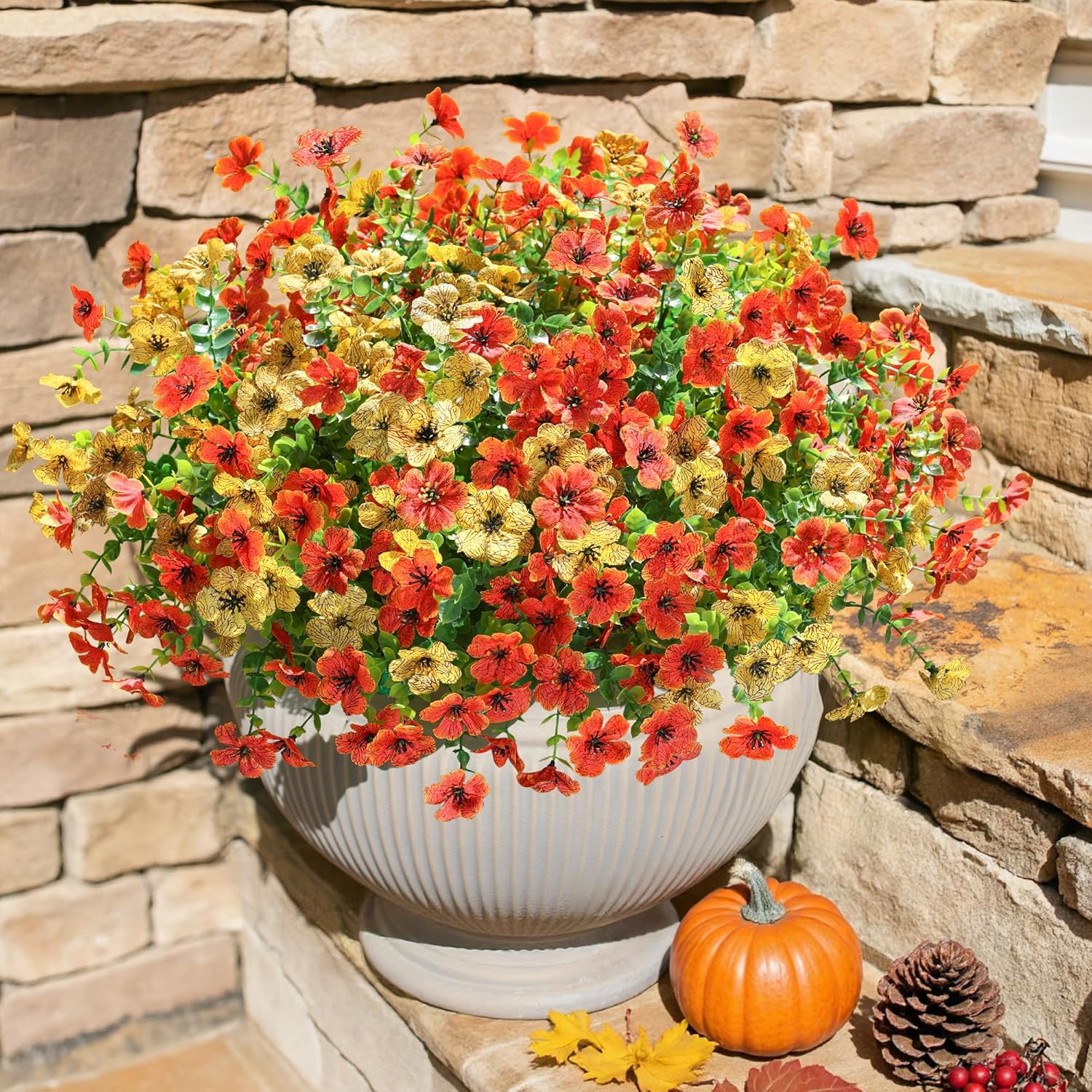 Artificial Fall Flowers Faux Mums for Outdoor Indoor Garden Home Decoration, Faux Flower Daisy with Eucalyptus Leaves Fake Mums Plants Greenery Boxwood Porch Patio, 12 Bundles (OrangeYellow)