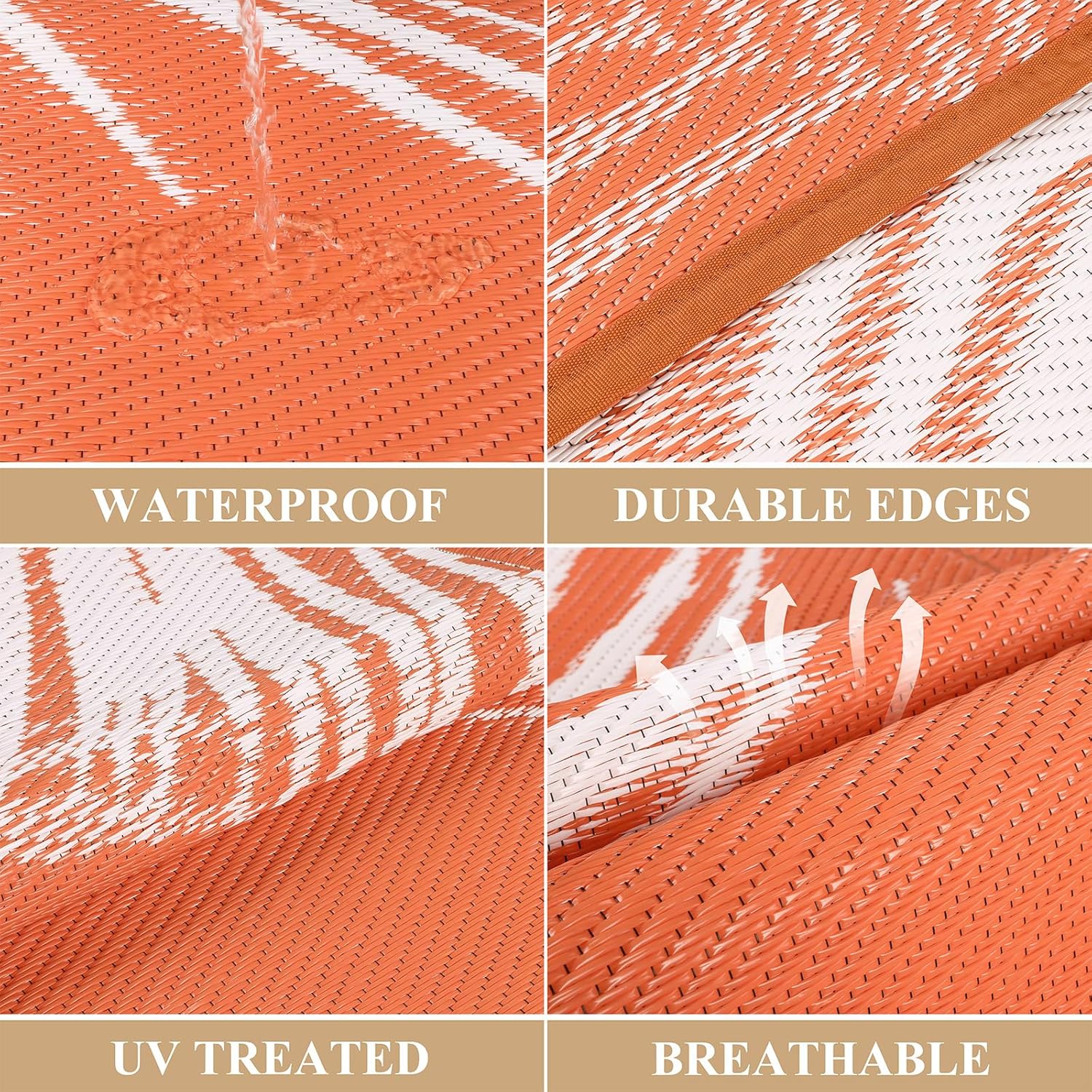 Pauwer Waterproof Outdoor Rug 8x10, Reversible Plastic Straw Patio Camping Rug, Indoor Outdoor RV Mat Carpet for Deck, Camper, Porch, Balcony, Backyard, Picnic, Leaf Orange