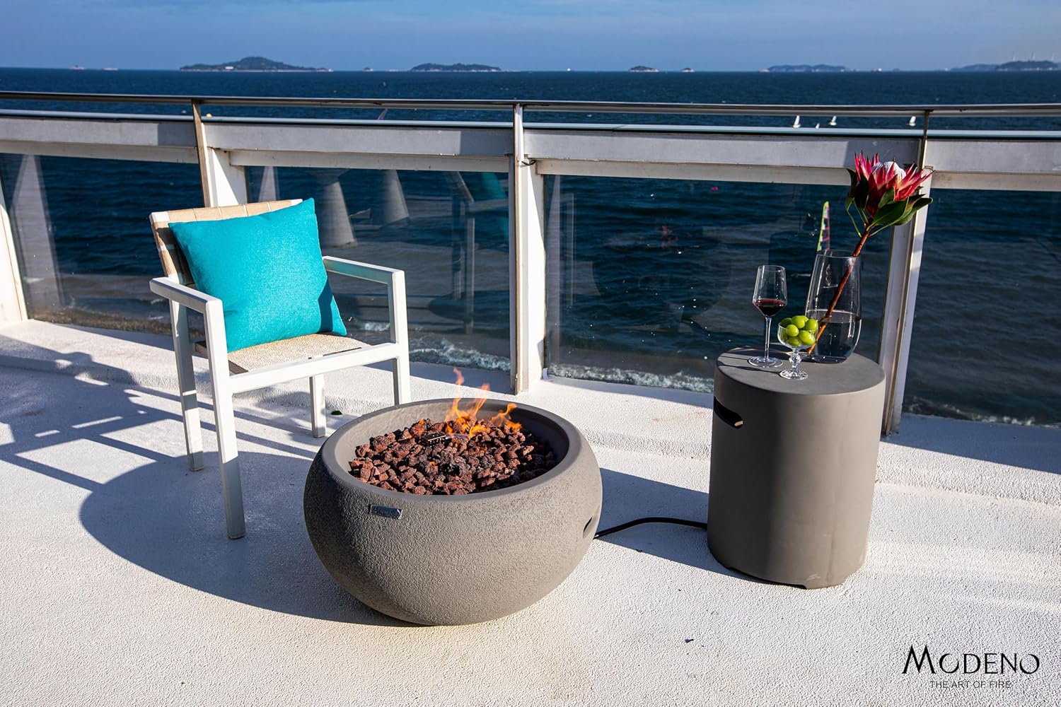 AMS Fireplace | Modeno Newbridge Package | Light Gray Natural Gas Fire Pit Table for Outside Patio Bundle with SS Burner Lid | Free Ice Bucket