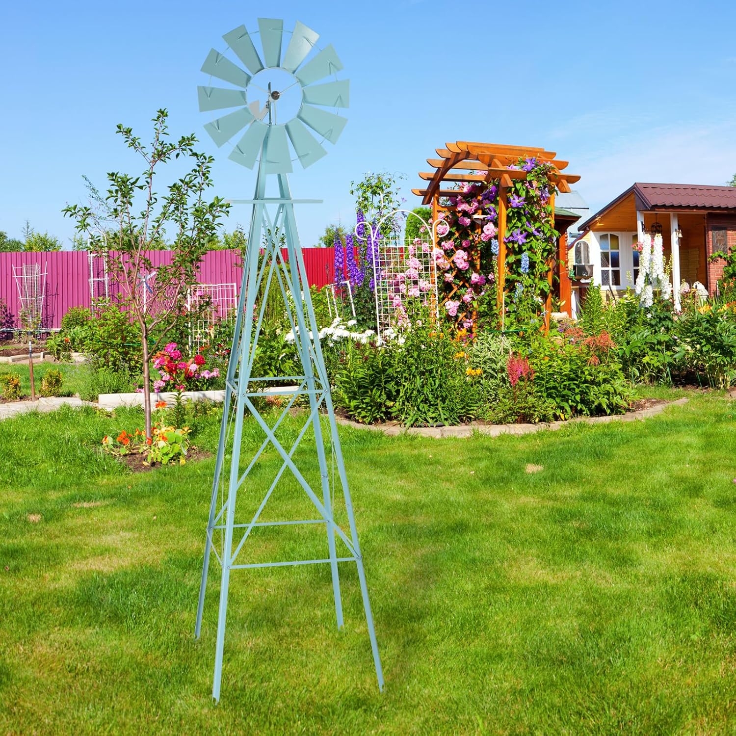 Garden Windmill for Yard Decor, 8 ft Tall Metal Windmill with Spinning Blades, Weather-Resistant Outdoor Windmill for Lawn, Farmhouse, Rustic & Farm Decor,Blue