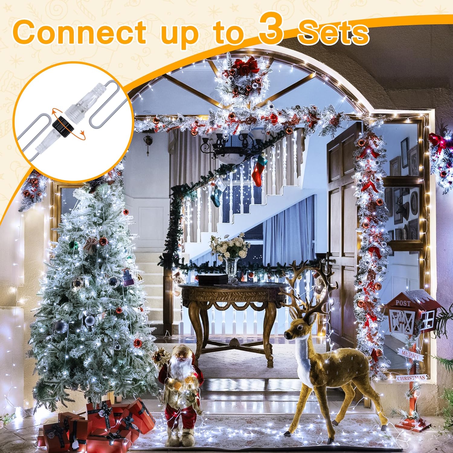 Ollny String Lights Indoor 200LED 60FT, Cool White Connectable Plug in LED Outdoor Light, 8 Modes Waterproof Timer Christmas Lights for Outside Bedroom House Party Wedding Camping