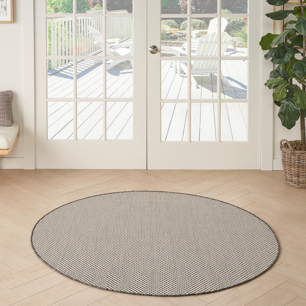 Nourison Home Courtyard Indoor/Outdoor Ivory/Charcoal 4' x Round Area Rug, Easy Cleaning, Non Shedding, Bed Room, Living Room, Dining Room, Backyard, Deck, Patio (4 Round)